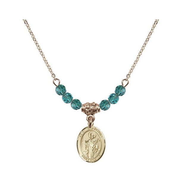 Bonyak Jewelry 18 Inch Hamilton Gold Plated Necklace w// 4mm Blue December Birth Month Stone Beads and Saint Wolfgang